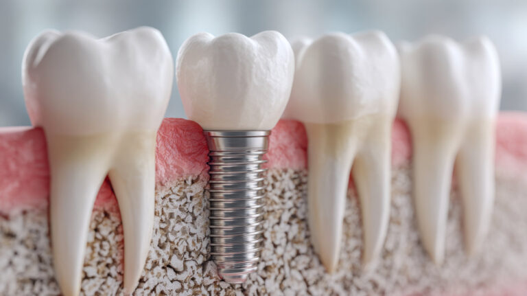 Detailed visualization of dental implant integrated with jawbone surrounded by natural teeth and healthy pink gums illustrating modern tooth replacement technology